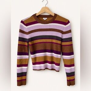 GARAGE Striped Ribbed Knit Top XL Cropped Long Sleeve Purple Brown